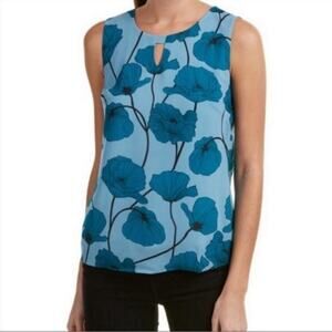 Cabi Poppy Top Blue  Poppy Print  Floral Sleeveless Blouse Size Medium